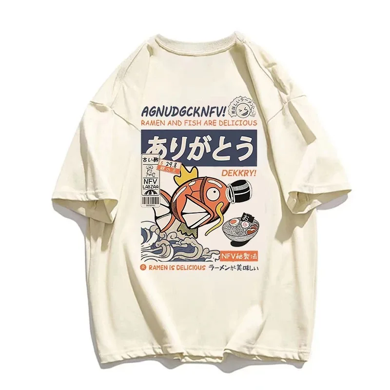 

100%Cotton Men Street T-Shirt Japanese Kanji Funny Fish Harajuku T-Shirt 2023 Men's Clothing Summer Short Sleeve T-Shirt