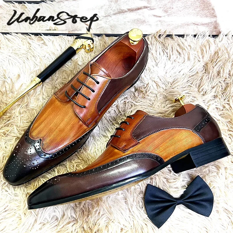 Men Leather Shoes Lace Up Pointed Toe Brogues Oxford for Wedding Office