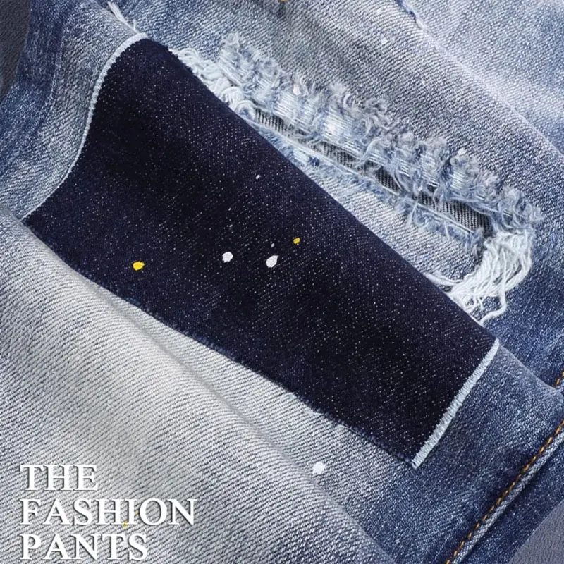 Street Fashion Men Jeans Retro Light Blue Stretch Slim Fit Painted Ripped Jeans Men Patch Designer Hip Hop Brand Pants Hombre