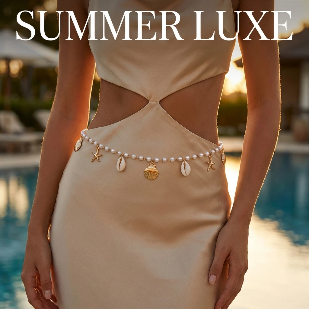Sommerliche Perlen-Bauchkette für Damen: Goldfarbener Seestern- und Muschelanhänger, Taillenperlen, Bikini-Körperschmuck, Accessoires, Geschenk – Detail 1