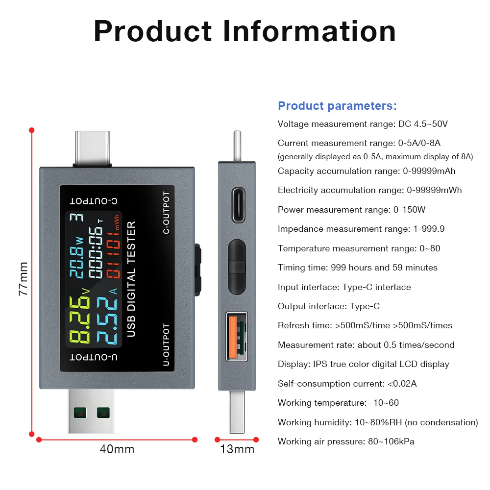USB Type-C 충전 테스터 DC 4.5-50V 0-8A 다기능 디지털 디스플레이 전압계 전류계 전력계 충전 용량 테스터