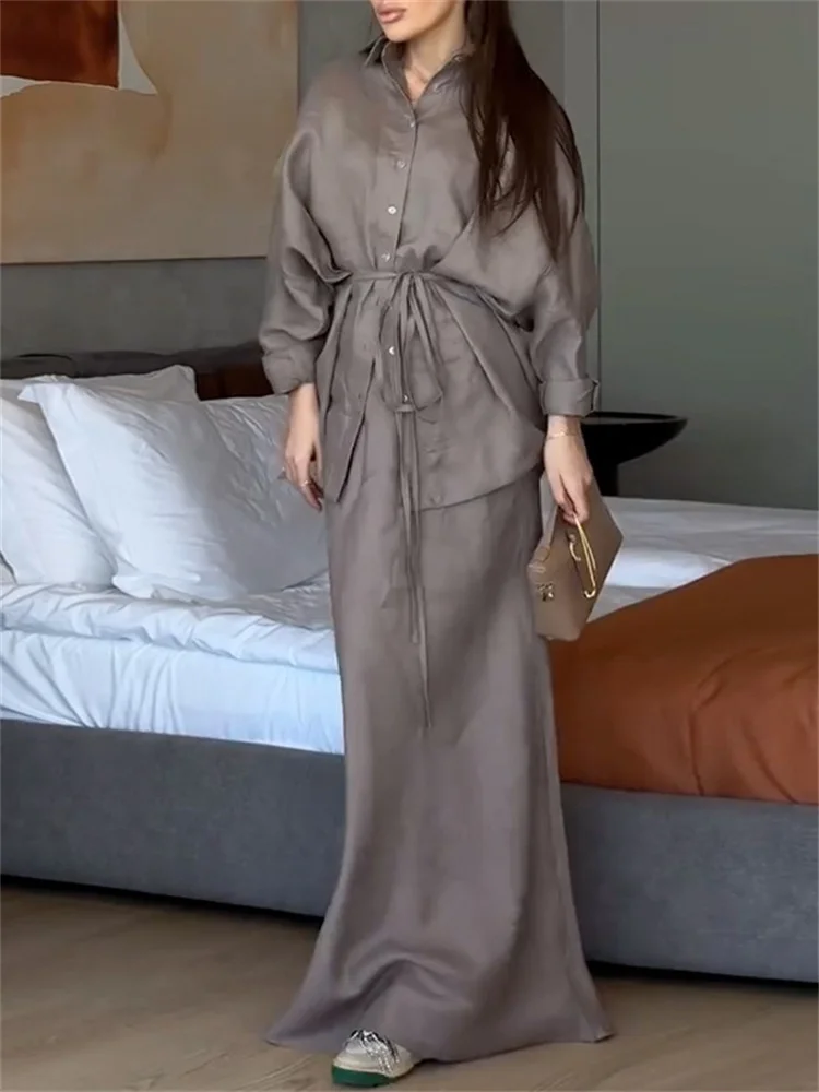 Wmstar Two Piece Sets Women Wholesale Dress Sets New Lapel Tie Loose Long Sleeved Shirt  High Waisted Casual Fall Matching Suit