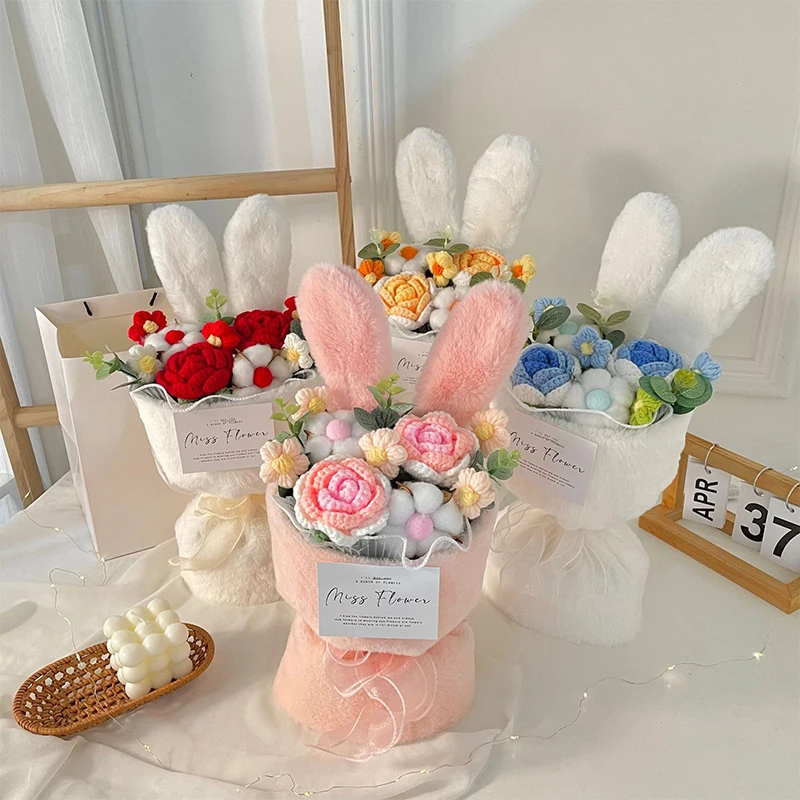 

Rabbit Ear Knitted Flower Bundle Rabbit Ear Plush Bouquet Cotton Rope Artificial Roses Bouquet