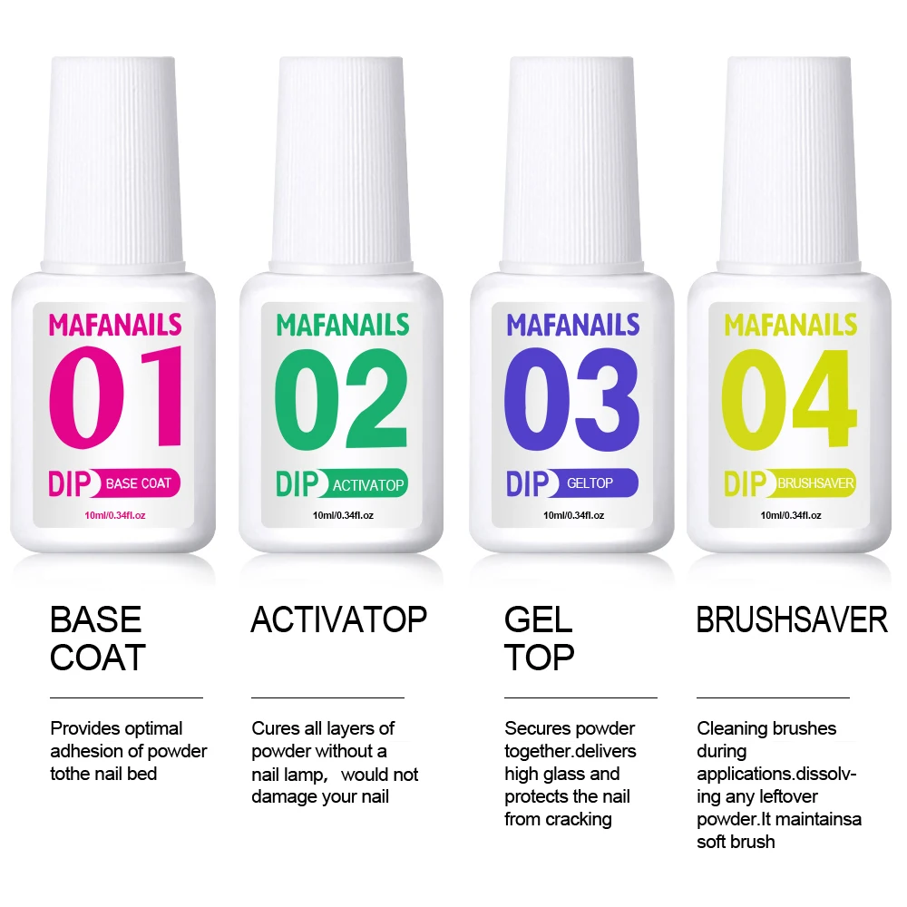 Nail Powder 10ml Dipping Powder Liquid Set 4-Step Dip Powder System Base & Top Coat Activator Brushsaver
