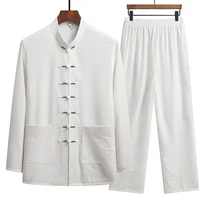 Chinese Style Cotton Linen Tang Suit Casual  Spring Autumn Men's Long-sleeved Shirt Pants Two-pieces Fashion Men Sets 1