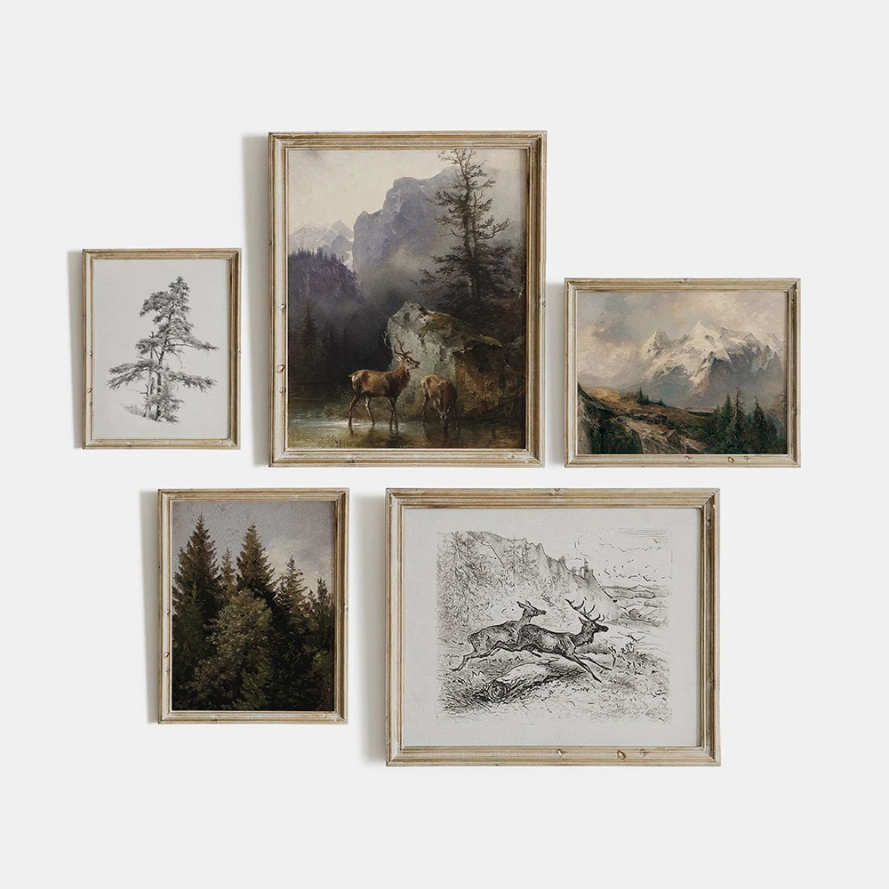 Vintage Rustic Gallery Wall Art Set Nordic Poster E Stampe Deer Mountain Cabin Moody Retro Canvas Painting Decoration Picture
