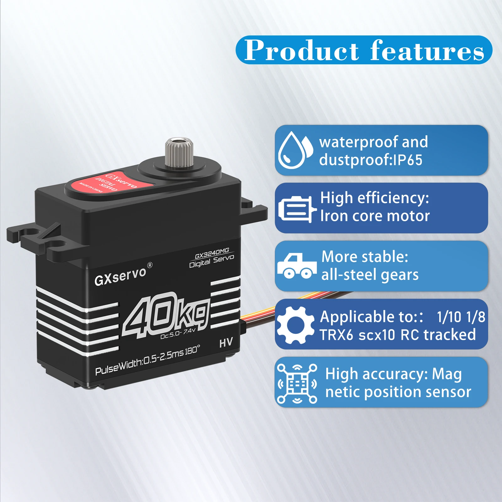 Profil du servo numérique haute performance 180° ou 270° pour modélisme RC, montrant son boîtier métallique.