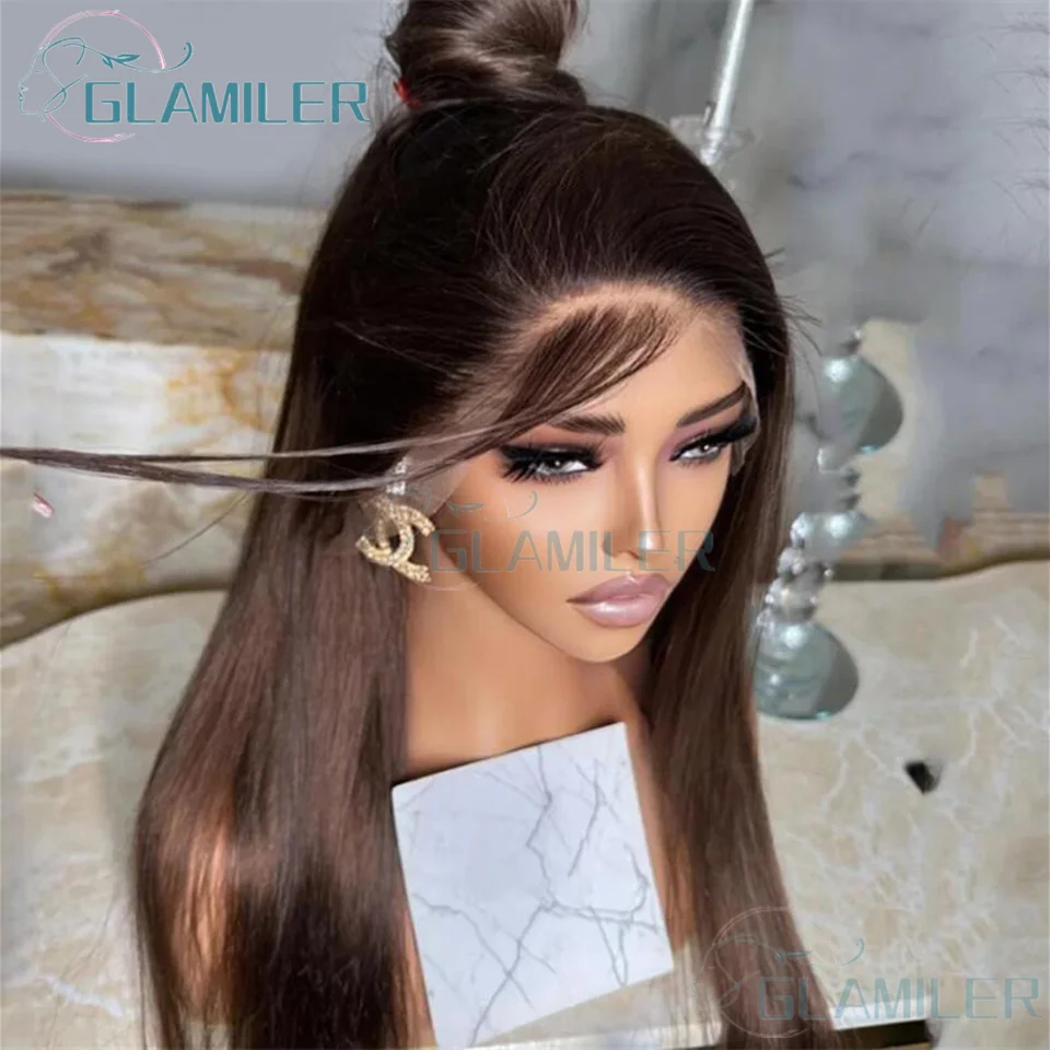 13x4 Chocolate Brown Straight 13x4 Silk Top Lace Front Wigs Human Hair Pre Plucked Brown Bleached 5x5 Silk Base Closure Wigs
