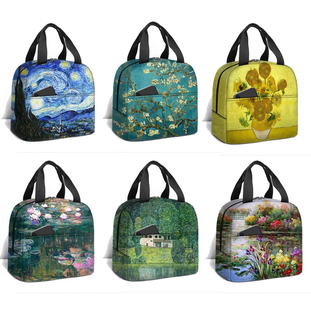 

Oil Painting Water Lilies Starry Night Sunflower Lunch Bag Gustav Klimt Claude Monet Van Gogh Food Storage Bags Lunch Box