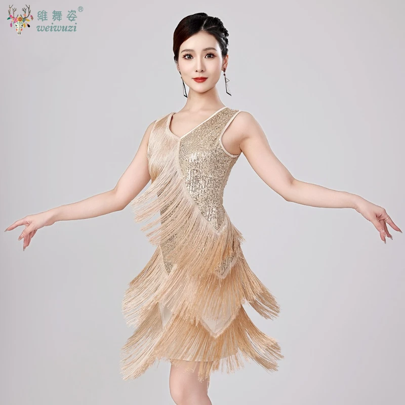 فستان شرابة للرقص اللاتيني مزين بالترتر للنساء فساتين أداء تانجو رومبا سامبا للبالغين ملابس حفلات المنافسة اللاتينية