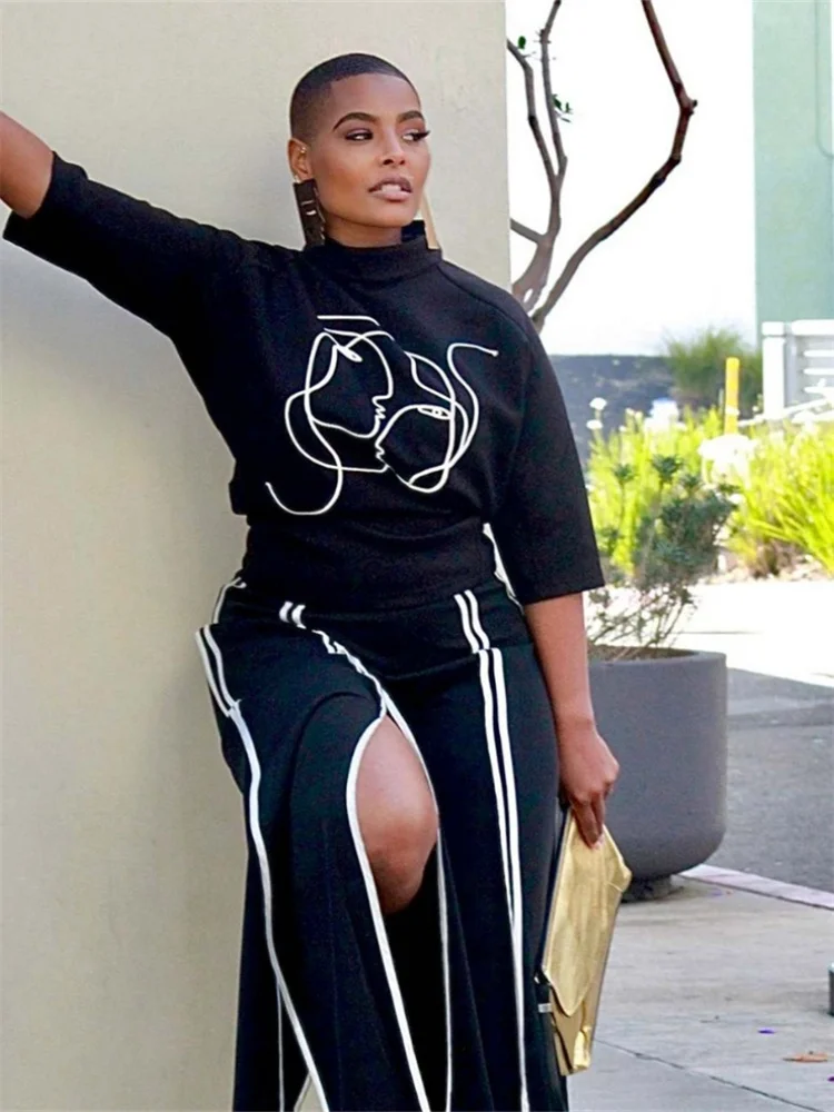 Wmstar Two Piece Sets Women Fashion Half Sleeve Tops Elastic Waist Wide Leg Strip Long Pants Outfits Wholesale Dropshipping