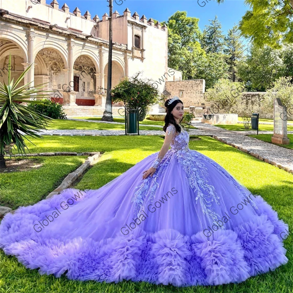 Purple Sweetheart Ball Gown Quinceanera Dress Beaded Appliques Birthday Party Gowns 3D Flowers Ruffles Sweet 16 15 Customized