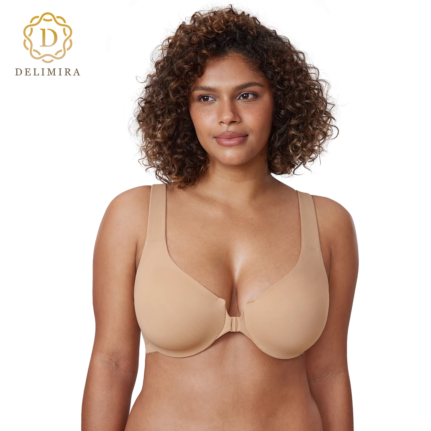 

Delimira Women's New Seamless Full Coverage Non Padded Front Closure Bra Racerback Plus Size Plunge