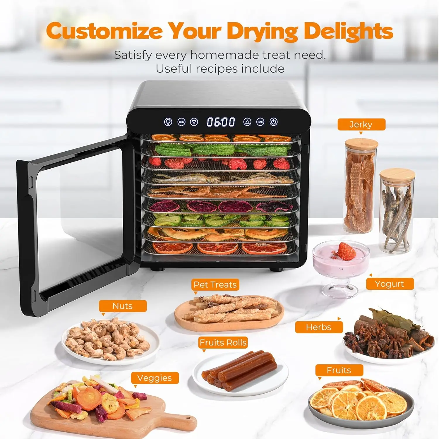 Food Dehydrator for Jerky, 9 Stainless Steel Trays Food Dehydrator Machine, 800W Fruit Dryer 165 ℉ Temperature & 48H Timer for M