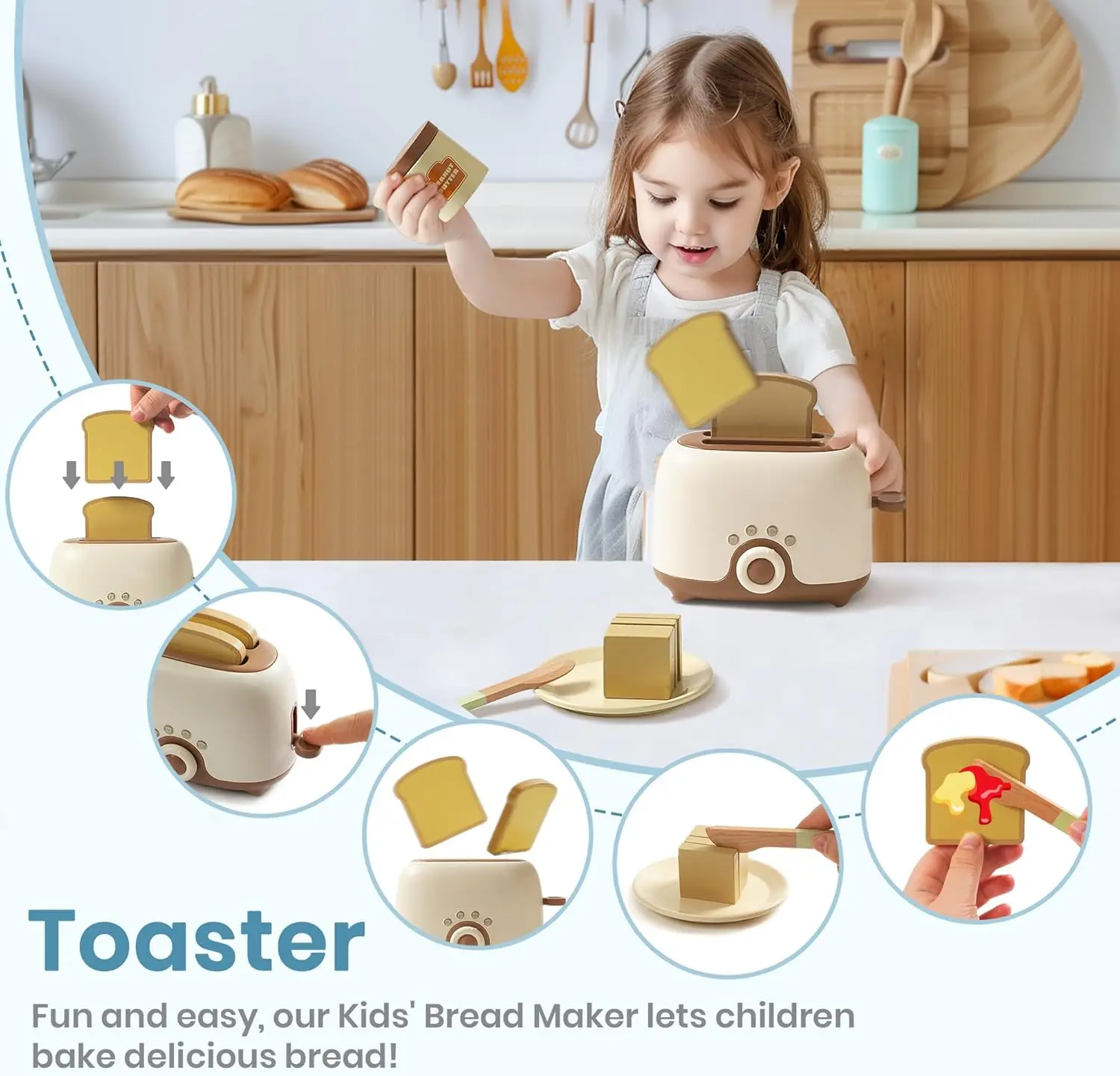 Robotime Robud Kids Toy Kitchen Set Wooden Play Kitchen Appliances with Toaster Mixer Blender kitchen Playset for kids 4-Set