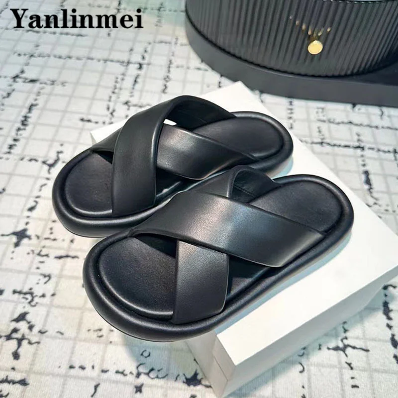 New Genuine Leather Slippers For Women Summer Cross Strap Flat Shoes Women Black White Peep Toe Comfort Thick Sole Slides Woman
