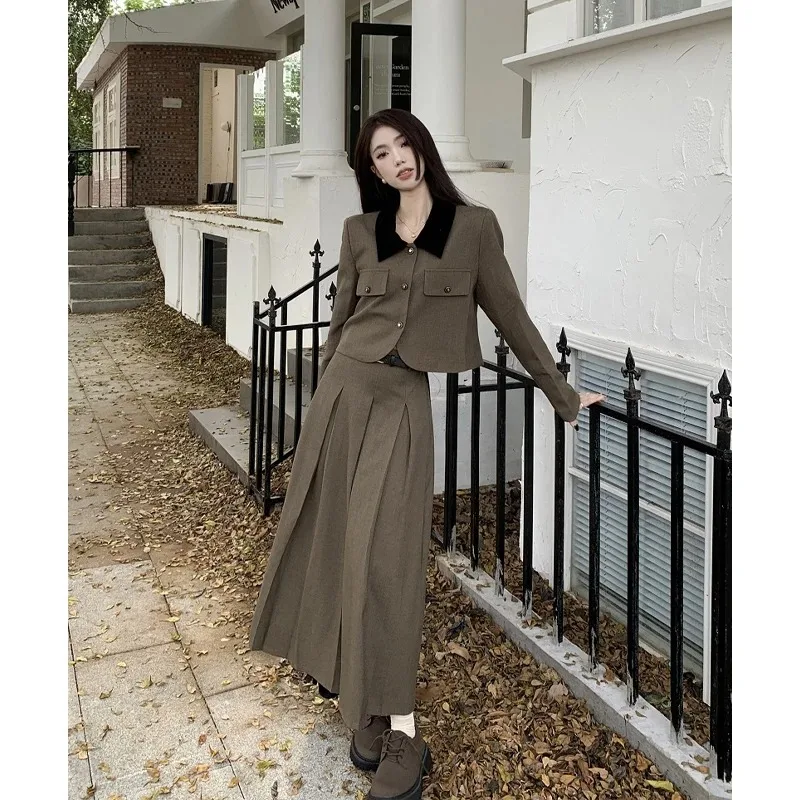 insozkdg-french-style-women-suit-skirt-set-elegant-short-jacket-high-waist-slimming-pleated-suit-skirt-deep-autumn-dress-sets