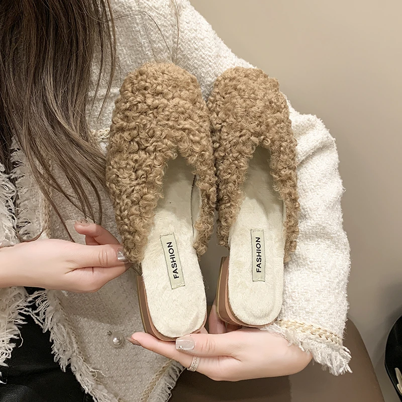 Women 2.5cm Square Heel Warm Winter Furry Slide Suede Slippers Round Toe Low Heel Slip On Hair