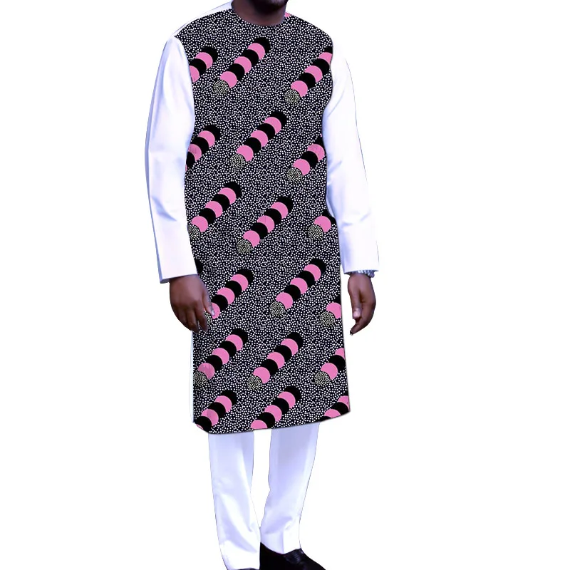 African Wedding Long SleeveTops With Trousers White Men's Groom Suit Wax Patchwork Shirt+Solid Pant Party Outfits