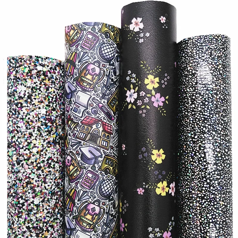 School Bags Books Custom Synthetic Leather Sheets Smooth Glitter Leather Flowers Printed Faux Leather For Bows DIY 21x29CM Q1240