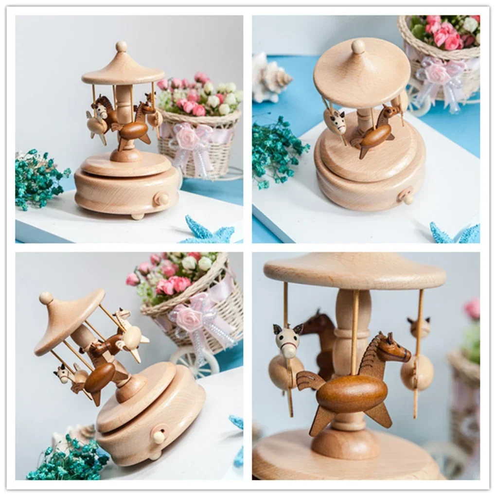 Wooden Carousel Music Box Ornaments Rotatable Hand-cranked Music Box DIY Handmade Birthday Christmas Gift Children’s Toys 6