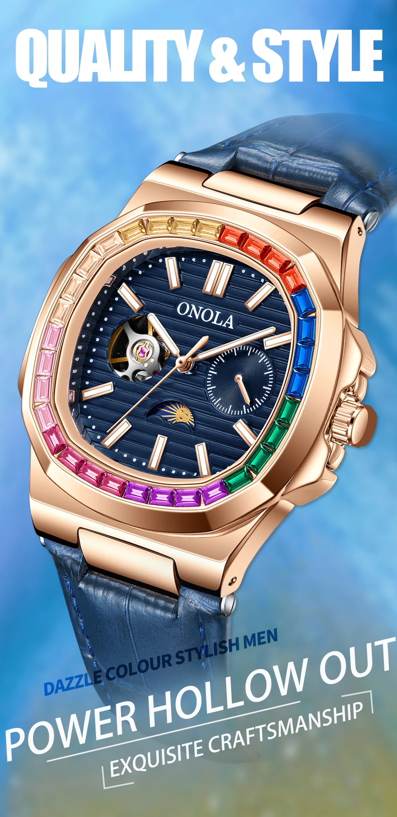 ONOLA Fashion Colorful Diamond Hollow Fully Automatic Mechanical Men's and Women's Watches Waterproof Leather Watch Men's Clock_voghion.com