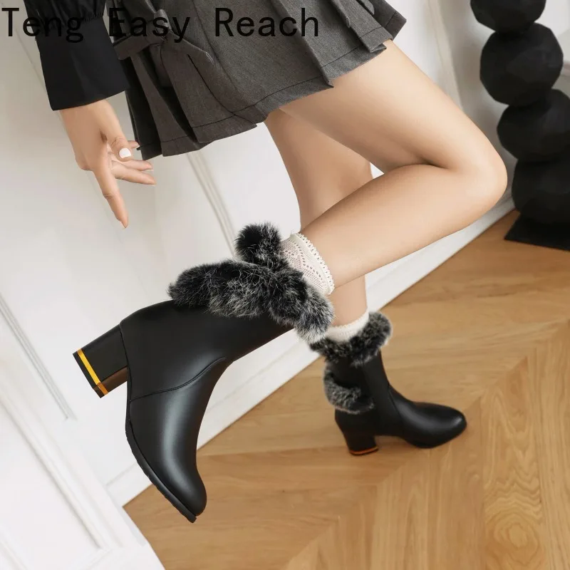 Winter True Fur Warm Women's Boots Fashion Zipper High Heels Women's Plush Ankle Boots Street Style White Ankle Boots for Women