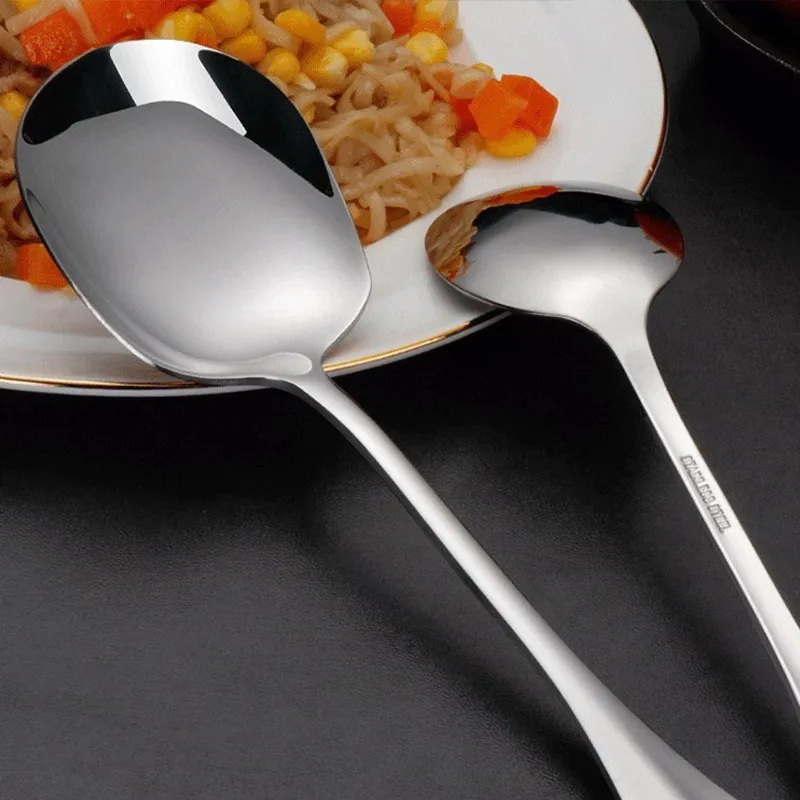 Long Handled Large Stainless Steel Rice Spoon Ergonomic Metal Serving Spoon Kitchen Flatware Salad Dish Utensils stainless steel spoon