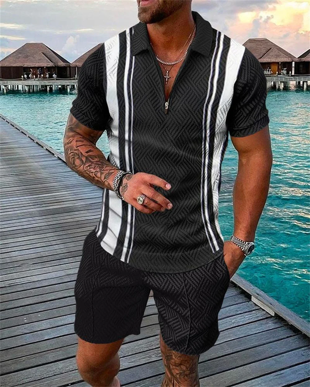 2023 Summer Men's High Quality Zippered Polo Shirt Short Sleeve Shorts Set Printed Pattern Street Sports Jogging Set