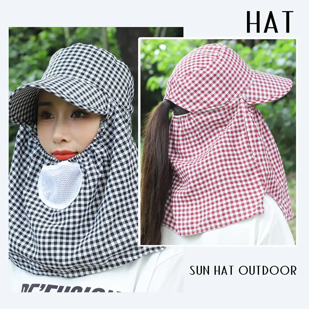 

Summer Plaid Printing Large-Brimmed Hat For Women Mask Shawl Sun Hat Outdoor Farming Working Tea Picking Hat Sun Protection O7U2