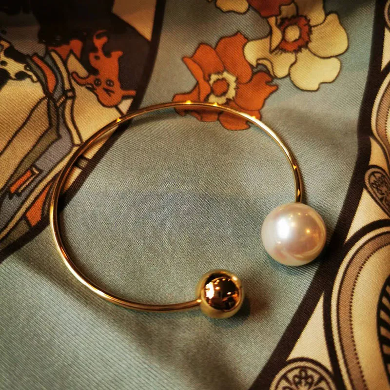 Pearl double ball sphere open cuff bangles stainless steel bangles for women simple elegant dainty jewelry stainless steel jewel 6