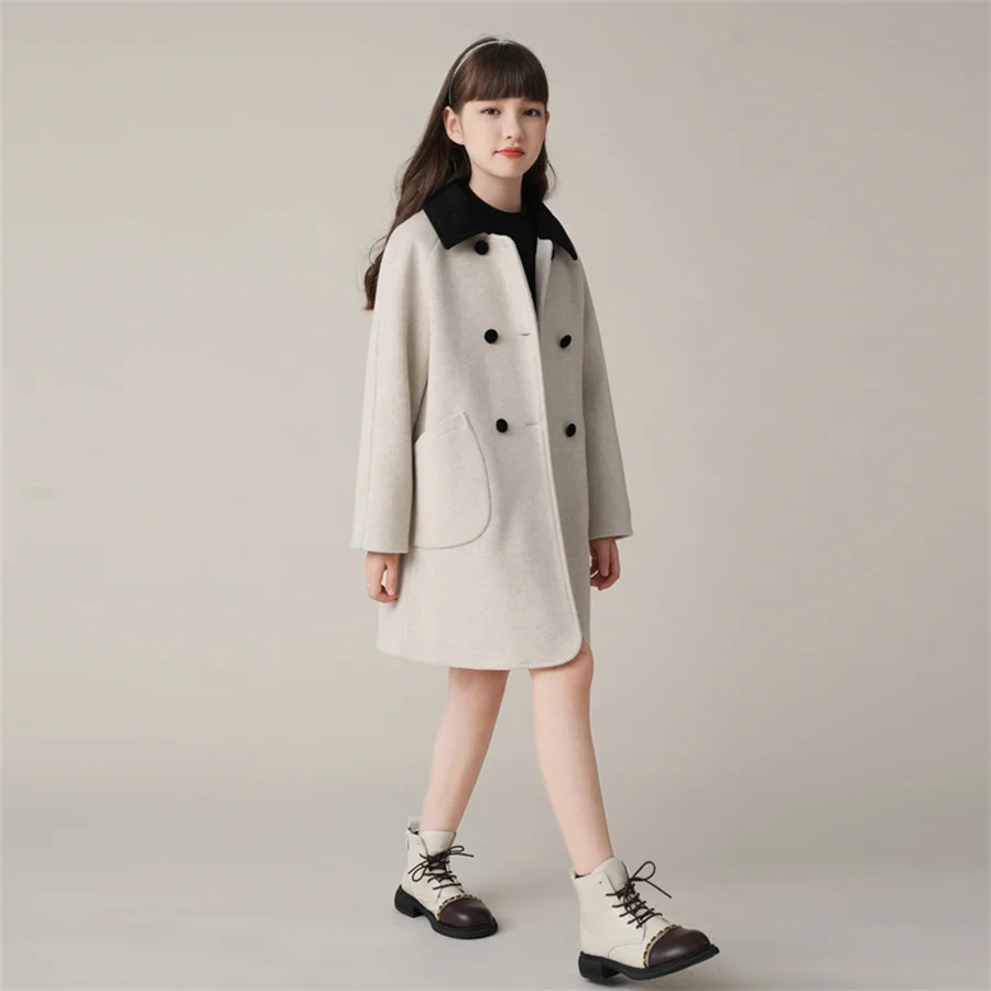 Autumn Winter Girls Casual Jackets Warm Hooded Outerwear Fashion Woolen Long Coat Children Clothing Teeange Girls Outfits 12 14Y