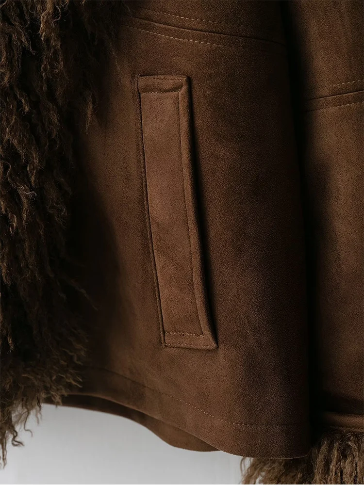 Women Faux Fur Patchwork Suede Coat Fashion Big Lapel Full Sleeve Warm Loose Fit Jacket Female Winter Thick Outwear 2025 New