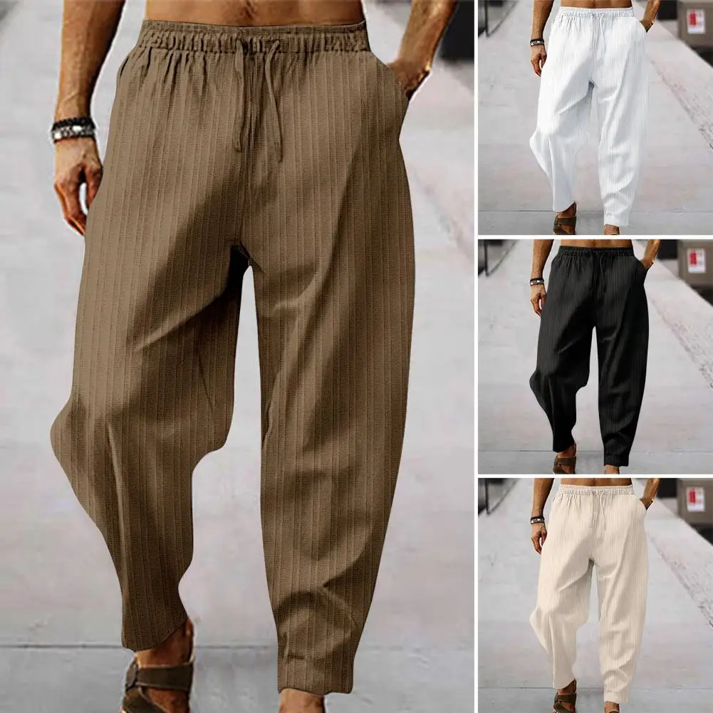 

Striped Texture Pants Men's Wide Leg Striped Sweatpants with Elastic Waist Deep Crotch for Sports Leisure Soft Breathable