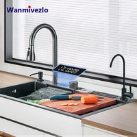 304 High 1uality Intelligent Digital Display  Waterfall Kitchen Sink Large Single Slot Integrated Digital Display Faucet Set 1