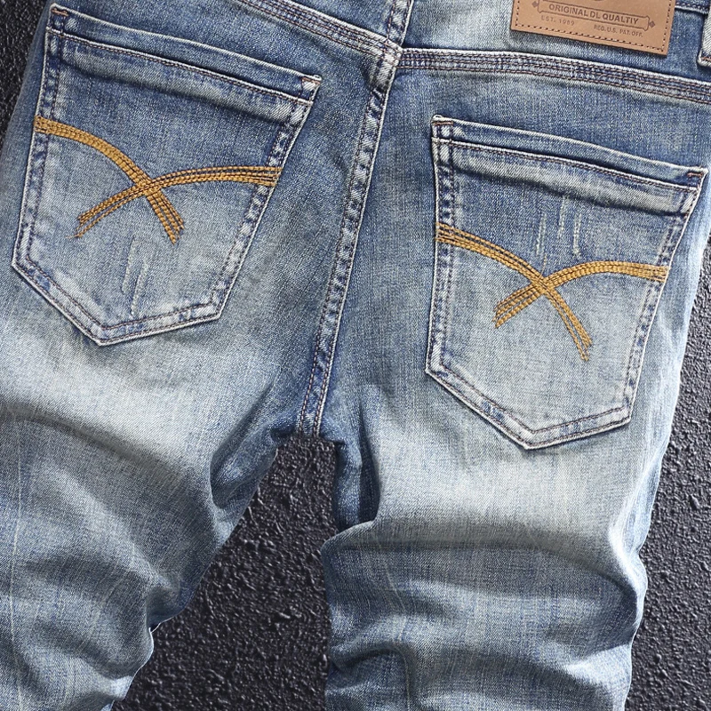 Italian Style Fashion Men Jeans Retro Blue Elastic Stretch Slim Ripped Jeans Men Embroidery Designer Vintage Denim Pants Hombre