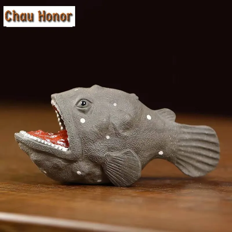 Chinese Yixing Anglerfish Sculpture Purple Clay Tea Pet Shark Statue Ornaments Animal Figurine Craft Handmade Tea Set Decoration