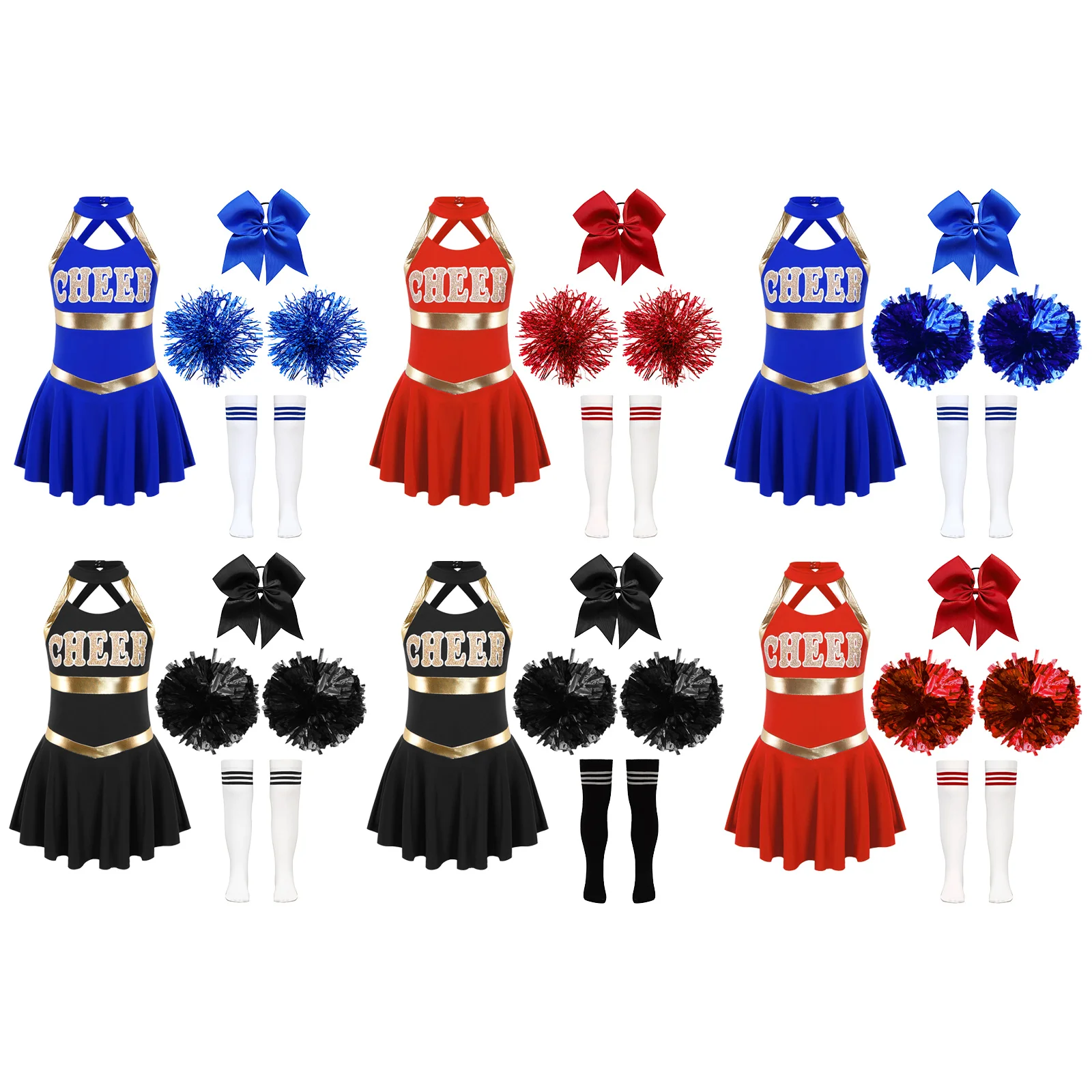 Children Cheerleading Costumes Kids Girls Cheerleading Costumes Childs Sleeveless Dress Hand Flowers Striped Socks Dancewear Sets Schoolgirl Cheer Dance Suits