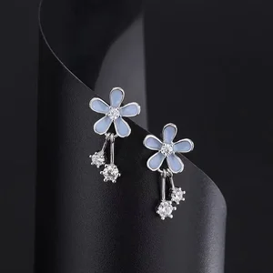 Real 925 Sterling Silver Blue Zircon Enamel Flower Plant Stud Earrings for Fashion Women Fine Jewelry Minimalist Accessories