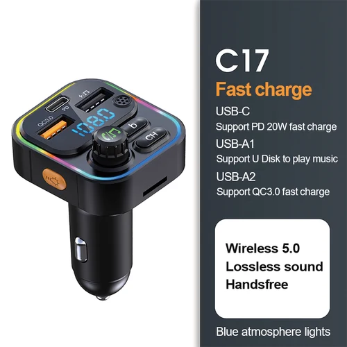 FM 송신기 블루투스 5.0 자동차 핸즈프리 오디오 Mp3 플레이어 어댑터 USB 22.5W 빠른 충전 유형-C 빠른 충전기 FM 변조기, FM 송신기 최대 3,1a 8