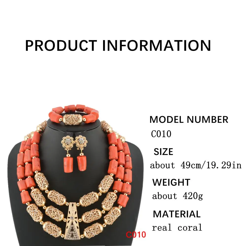 Africanbeads 4-Row Orange Coral Nigerian Wedding Jewelry Set – Necklace, Bracelet & Earrings, Handmade Beads - View #4