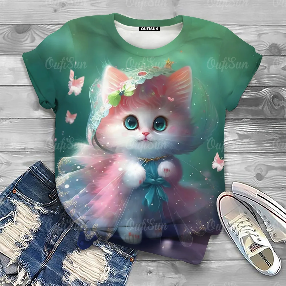 

Women Summer O-Neck T-Shirt Casual Loose Short Sleeves Cute Cat Printing Oversized Leisure Tee Shirt 2024 Female Clothing S-4xl