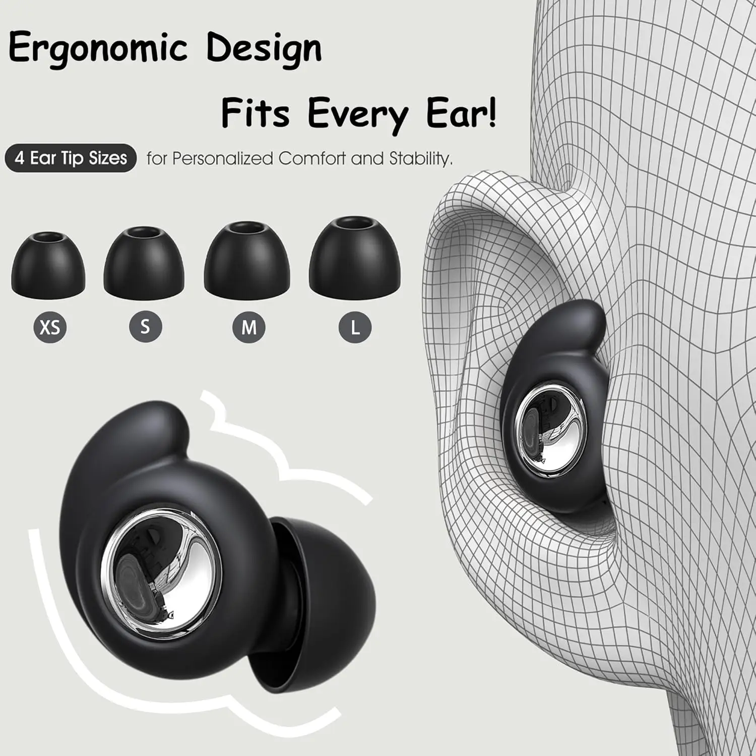 Bouchons d'oreille antibruit 45 dB insérés dans une oreille, illustrant leur utilisation pour le sommeil ou le travail.
