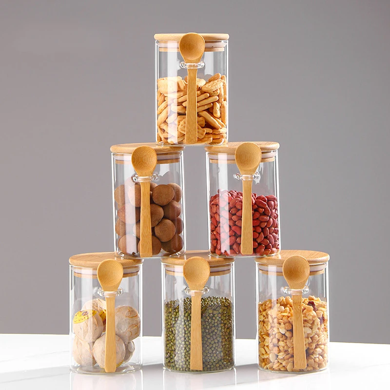 1pc 600ml Sealed Glass Jar with Bamboo Wood Lid and Spoon Sugar Coffee Beans Cereals Jar Kitchen Food Container Pantry Organizer