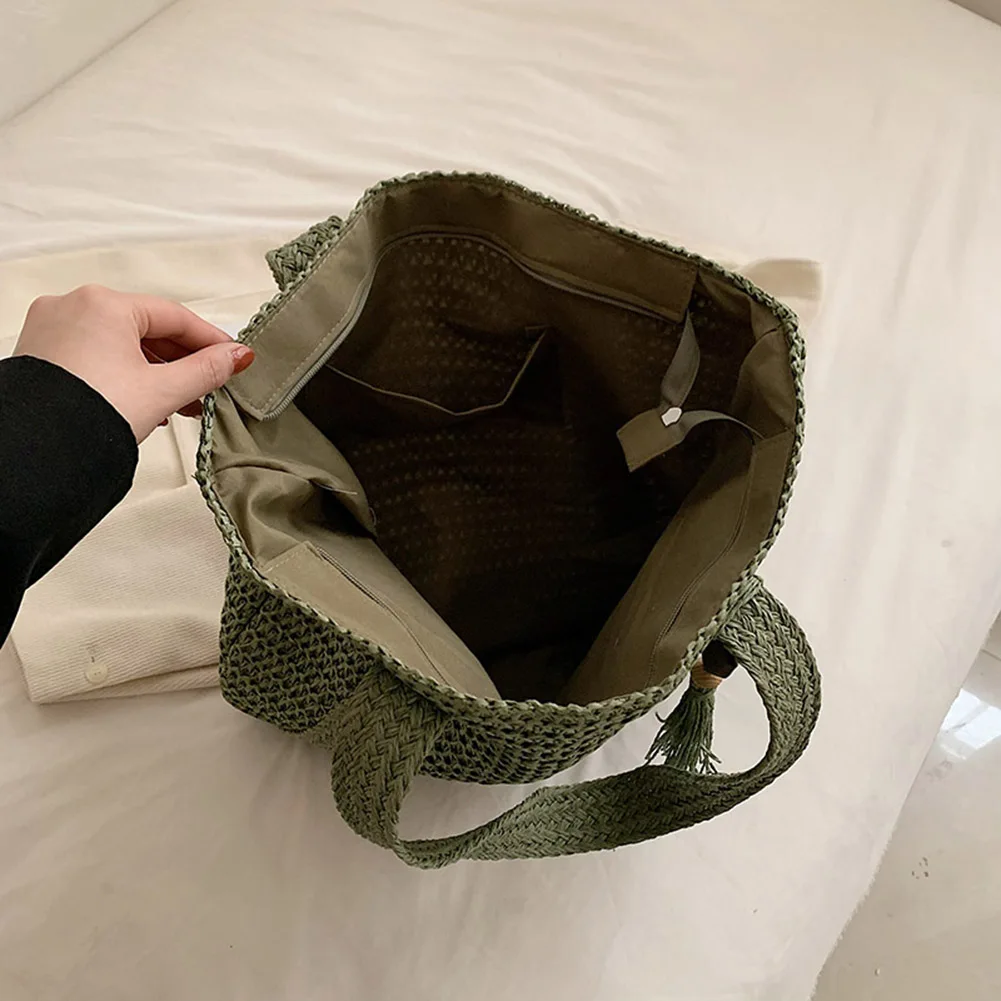 Straw Woven Bag Fashion Handmade Simple Large Capacity Hand-Woven Handbags Summer with Tassel Pendant Casual Tote Purses