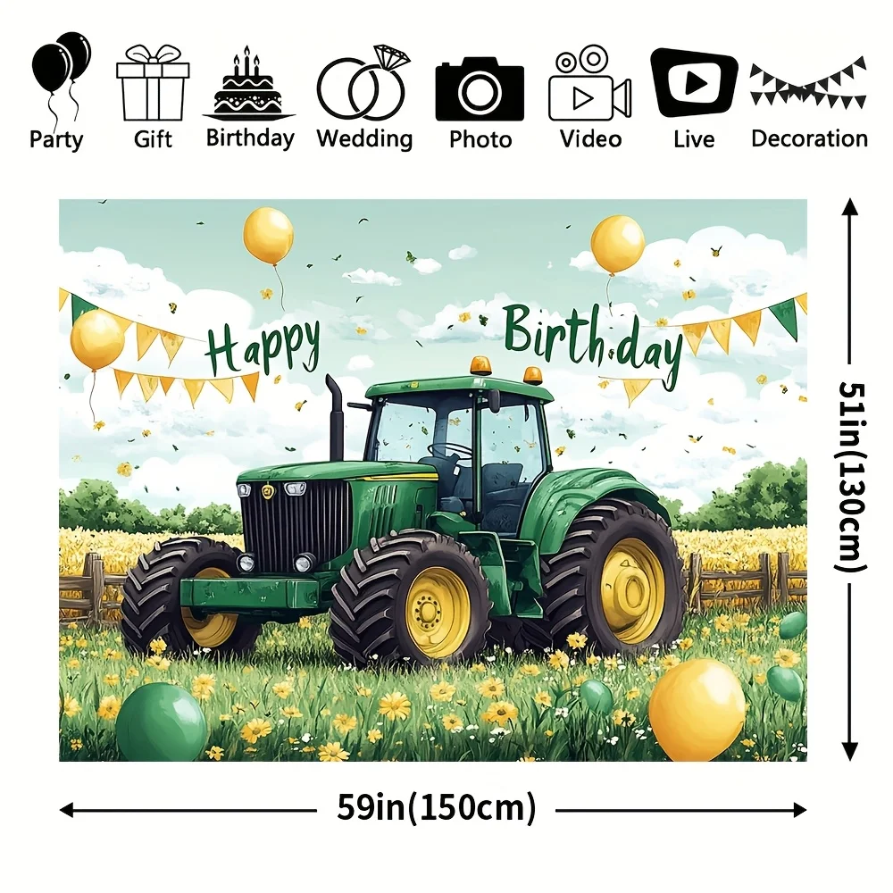 1-teilig, Happy Birthday Traktorhintergrund, Geburtstagsparty-Dekoration, Kuchentischbanner, Fotografie-Hintergrund H – Detail 6