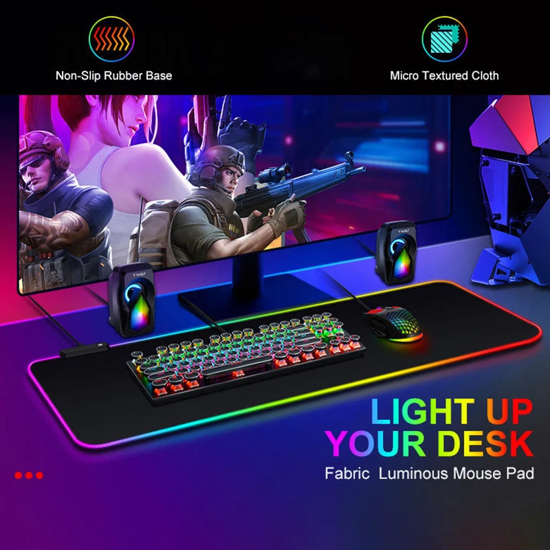 RGB 발광 퓨어 블랙 마우스 패드, 두꺼운 마우스 패드, 대형 테이블 패드, 암호화 미끄럼 방지, 멋진 초대형 E-스포츠 게임 사무실
