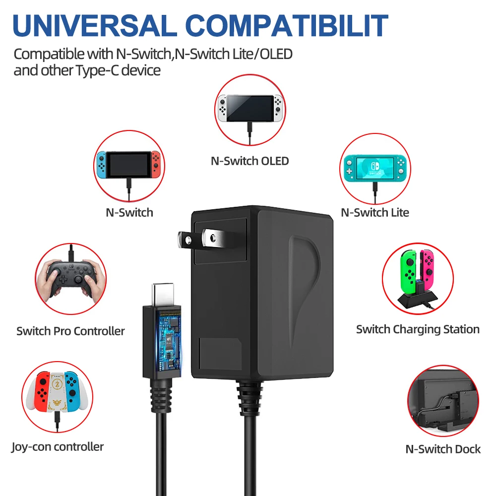  Fast Charger For Switch, Switch Lite And Switch OLED -  Supports Dock Mode