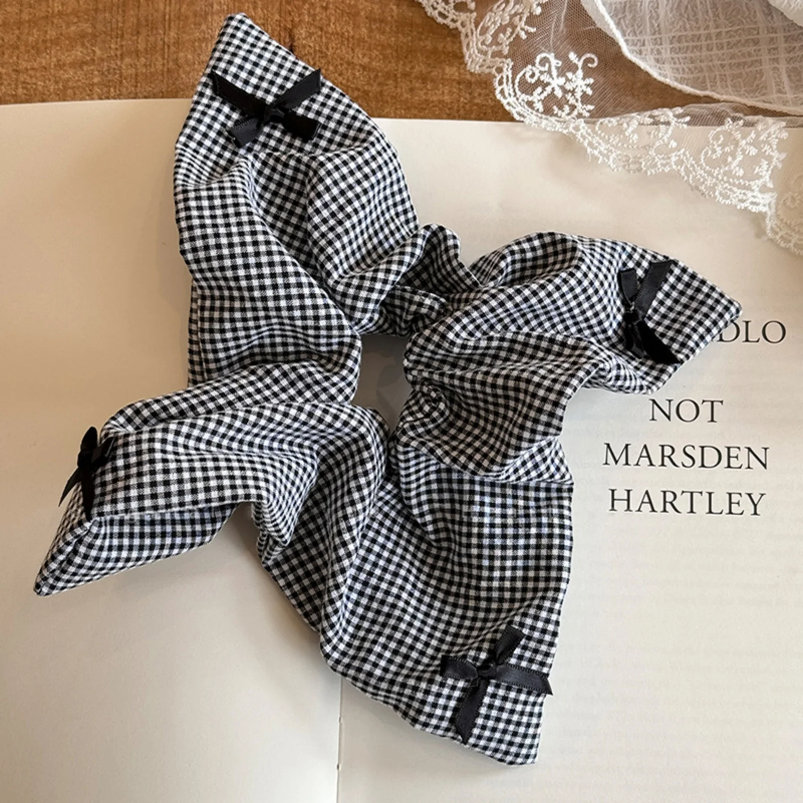 Square Large Black White Checkered Striated Leopard Print Bowknot Heart Intestine Hair Ties for Women Fashion Temperament Scarf