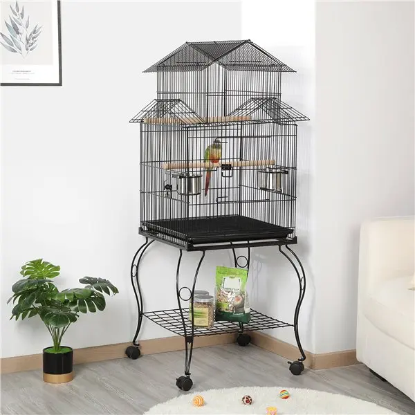 

55" Rolling Metal Bird Cage with Stand, Black